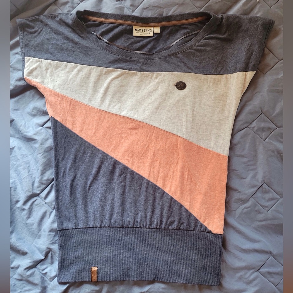 Women’s Naketano diagonal stripe navy oatmeal coral batwing t-shirt round neck